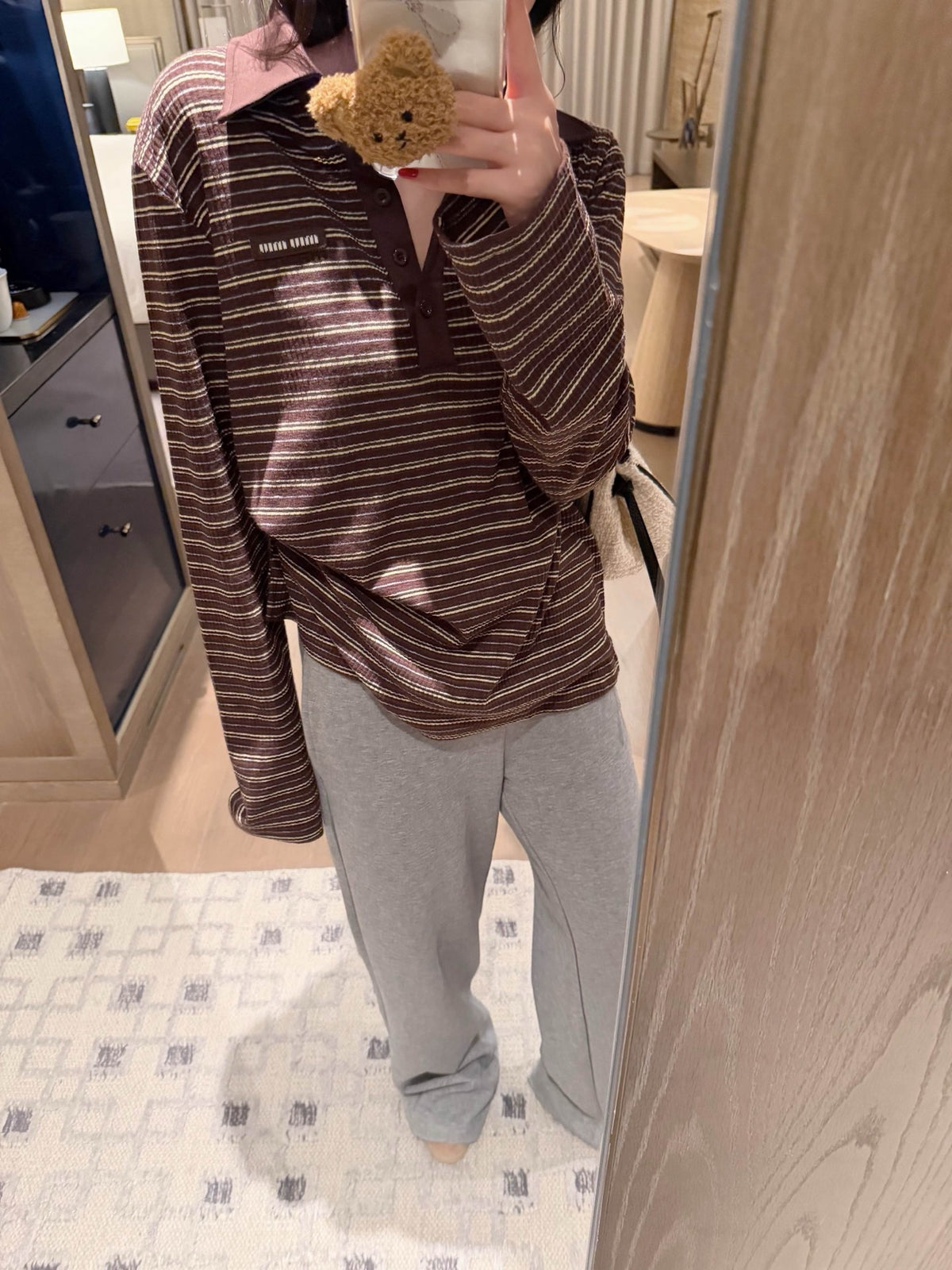 Striped Collar Ribbed Polo Blouse