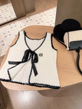 Ivory Knit Vest with Black Trim & Ribbon Tie