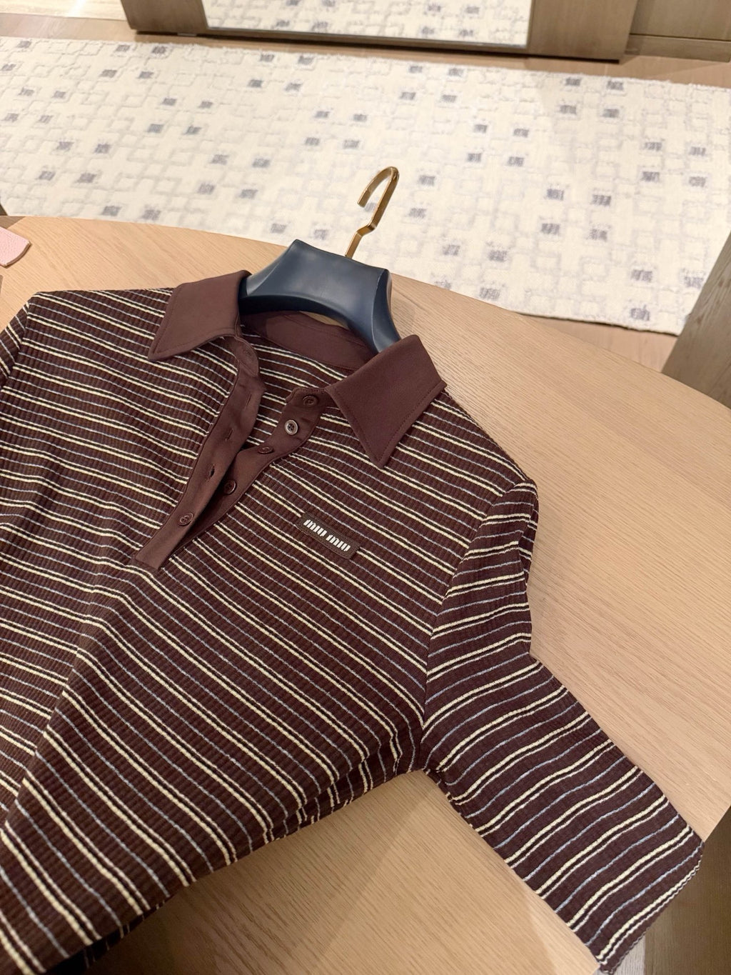 Striped Collar Ribbed Polo Blouse
