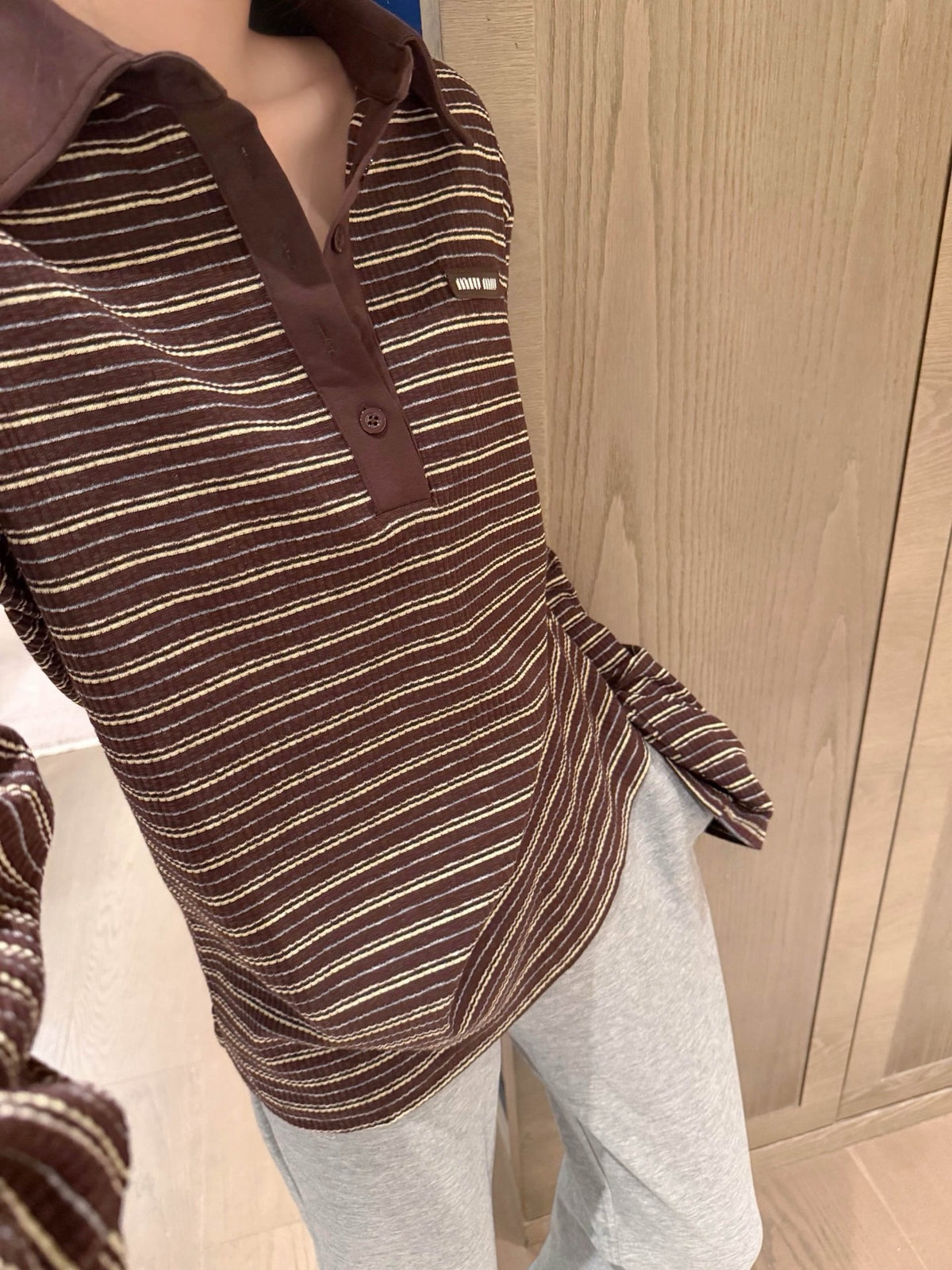 Striped Collar Ribbed Polo Blouse
