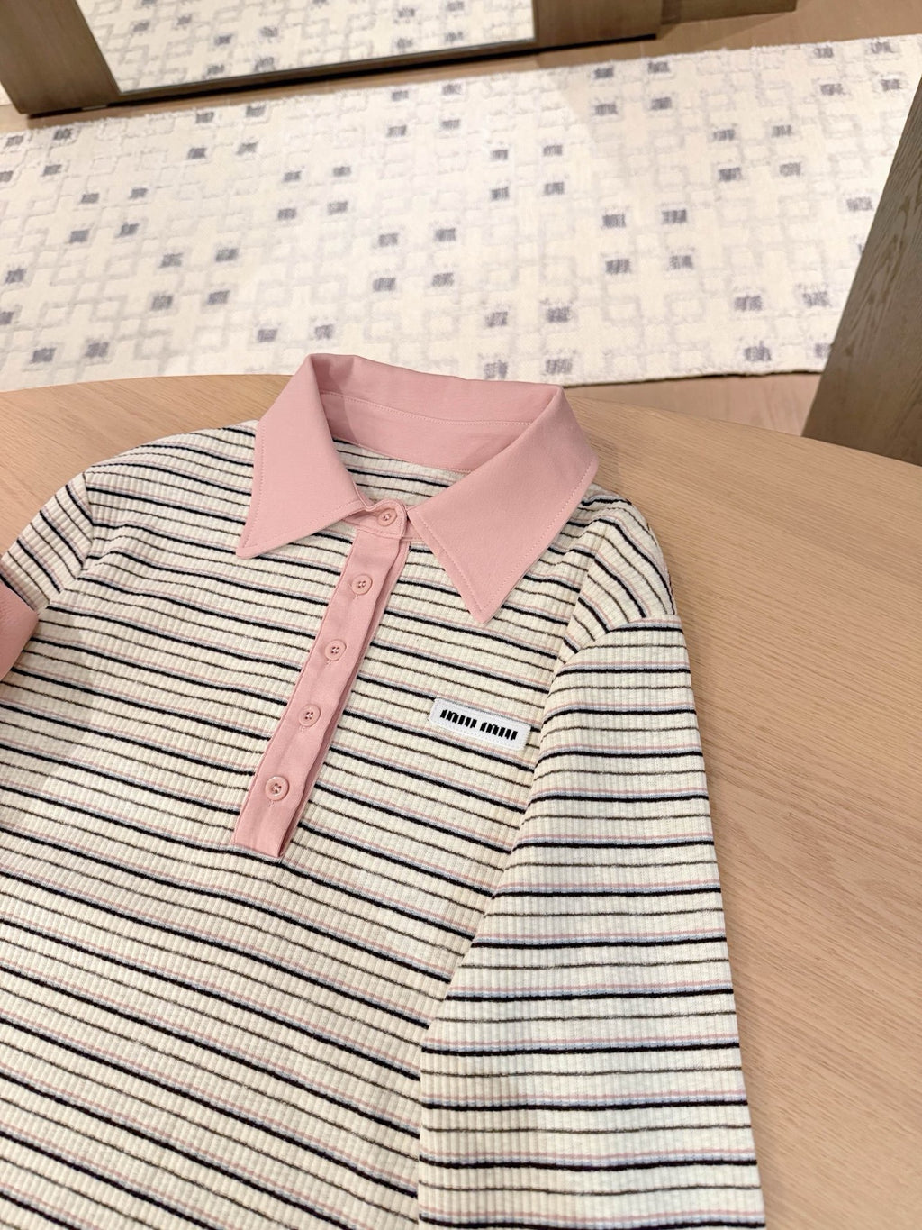 Striped Collar Ribbed Polo Blouse