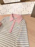 Striped Collar Ribbed Polo Blouse