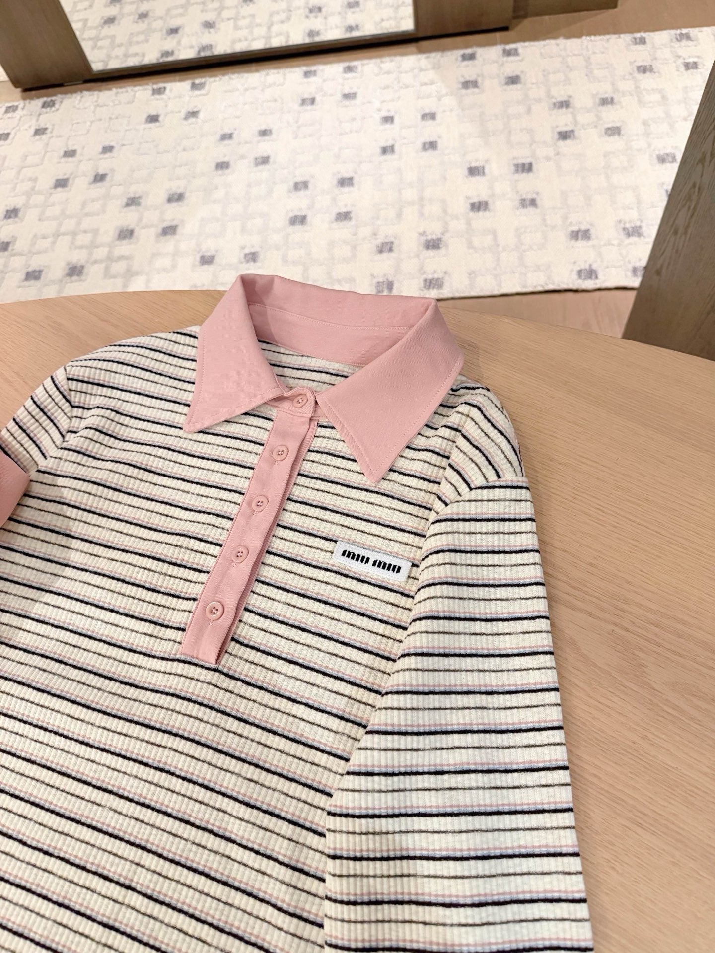Striped Collar Ribbed Polo Blouse