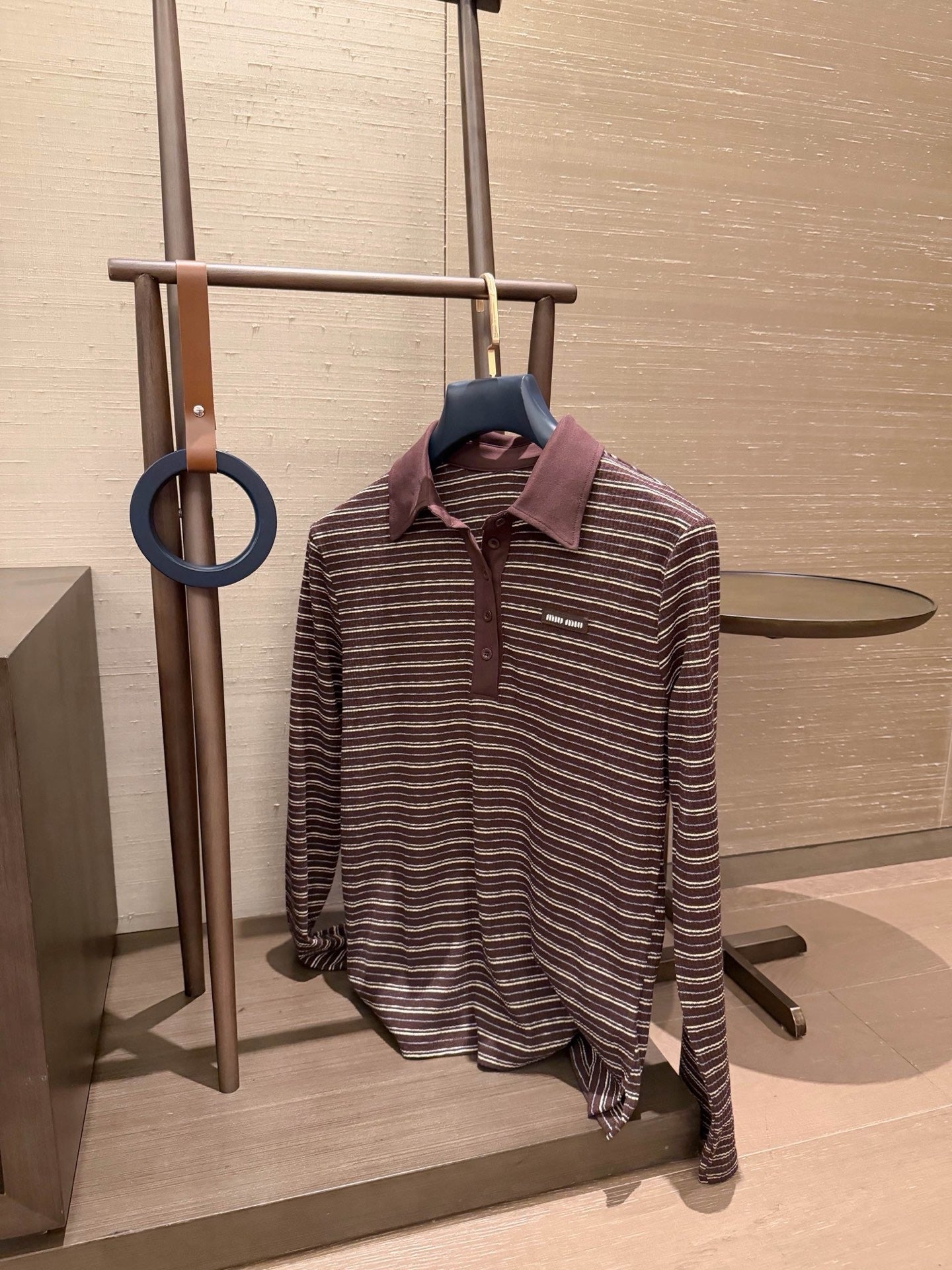 Striped Collar Ribbed Polo Blouse