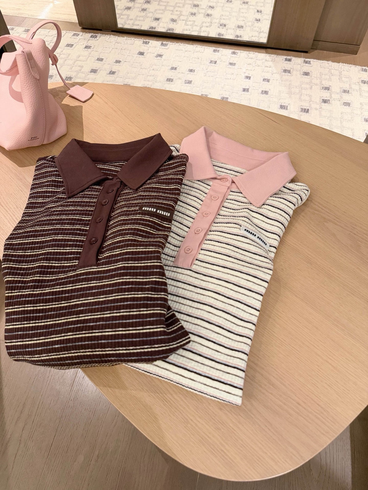 Striped Collar Ribbed Polo Blouse