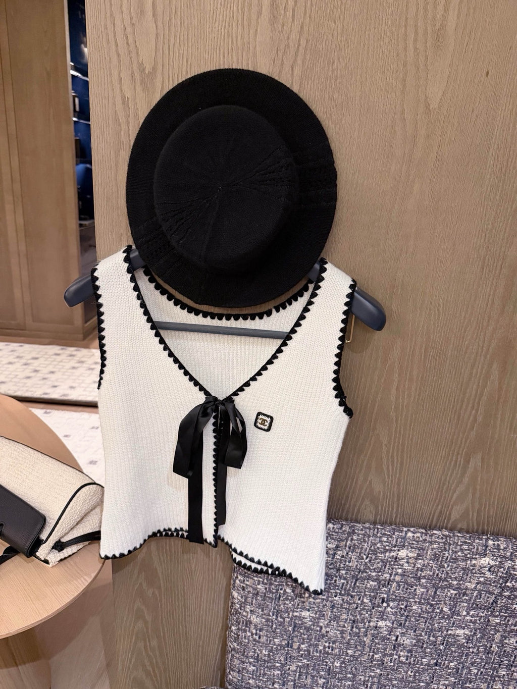 Ivory Knit Vest with Black Trim & Ribbon Tie