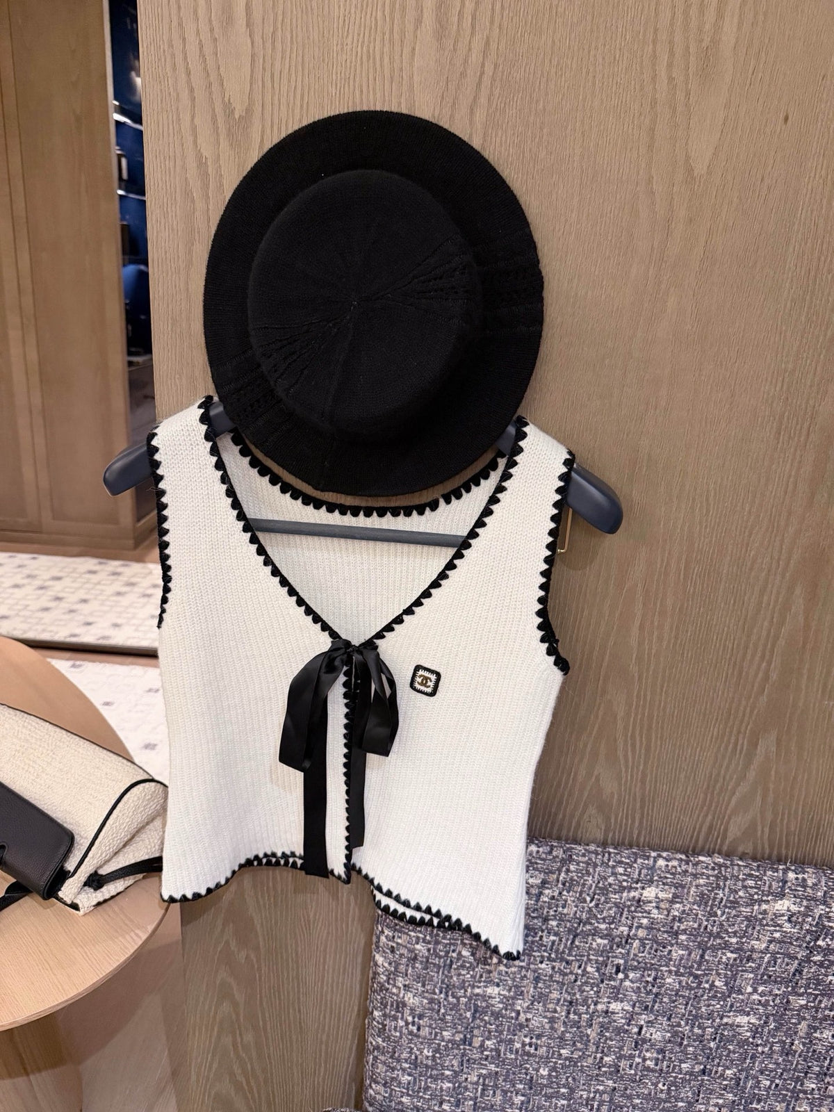 Ivory Knit Vest with Black Trim & Ribbon Tie
