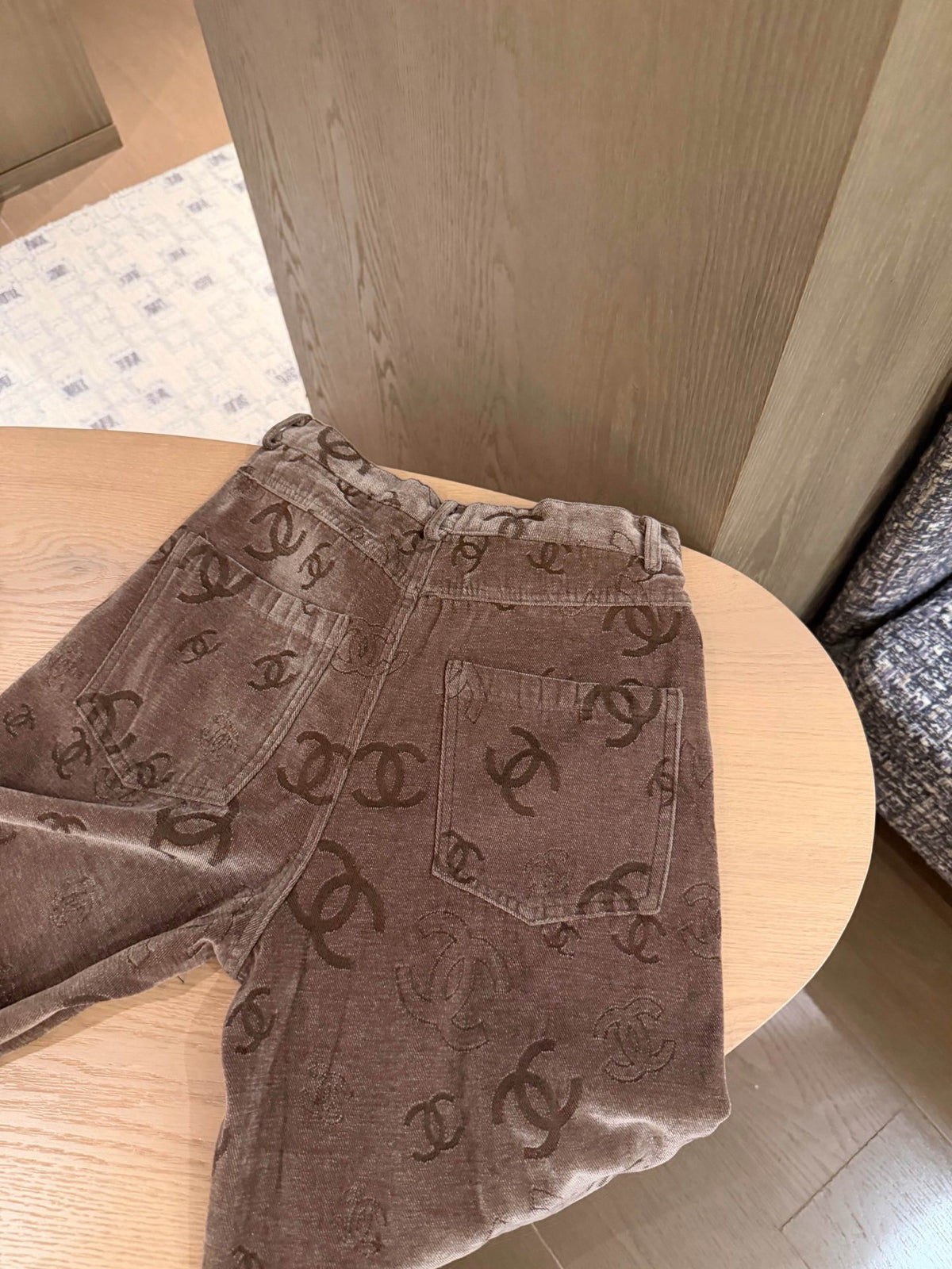 Vintage Monogram Print Wide-Leg Velvet Pants