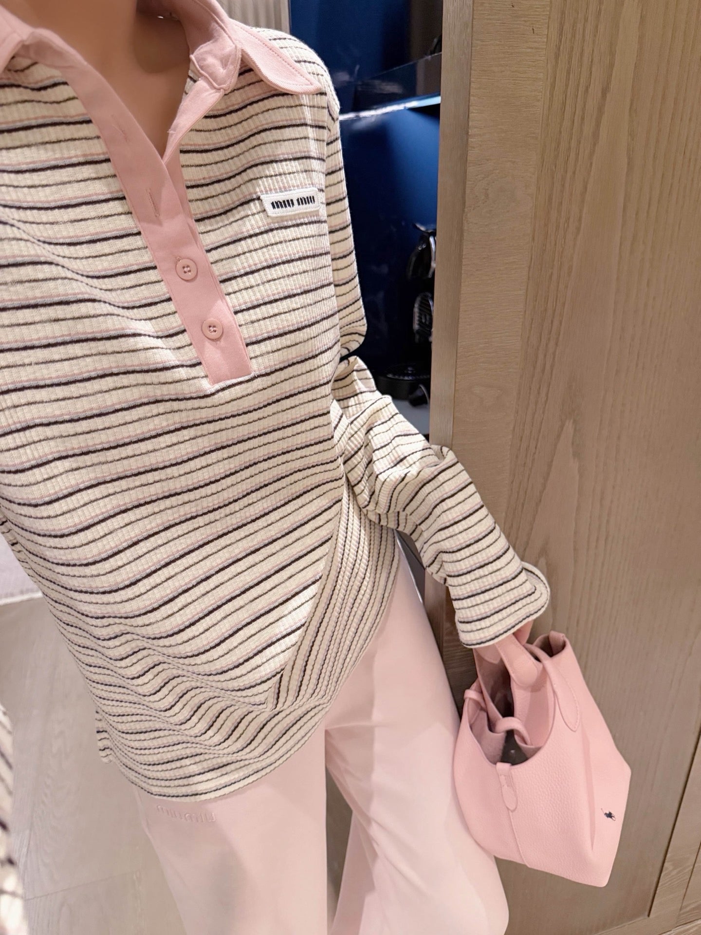Striped Collar Ribbed Polo Blouse