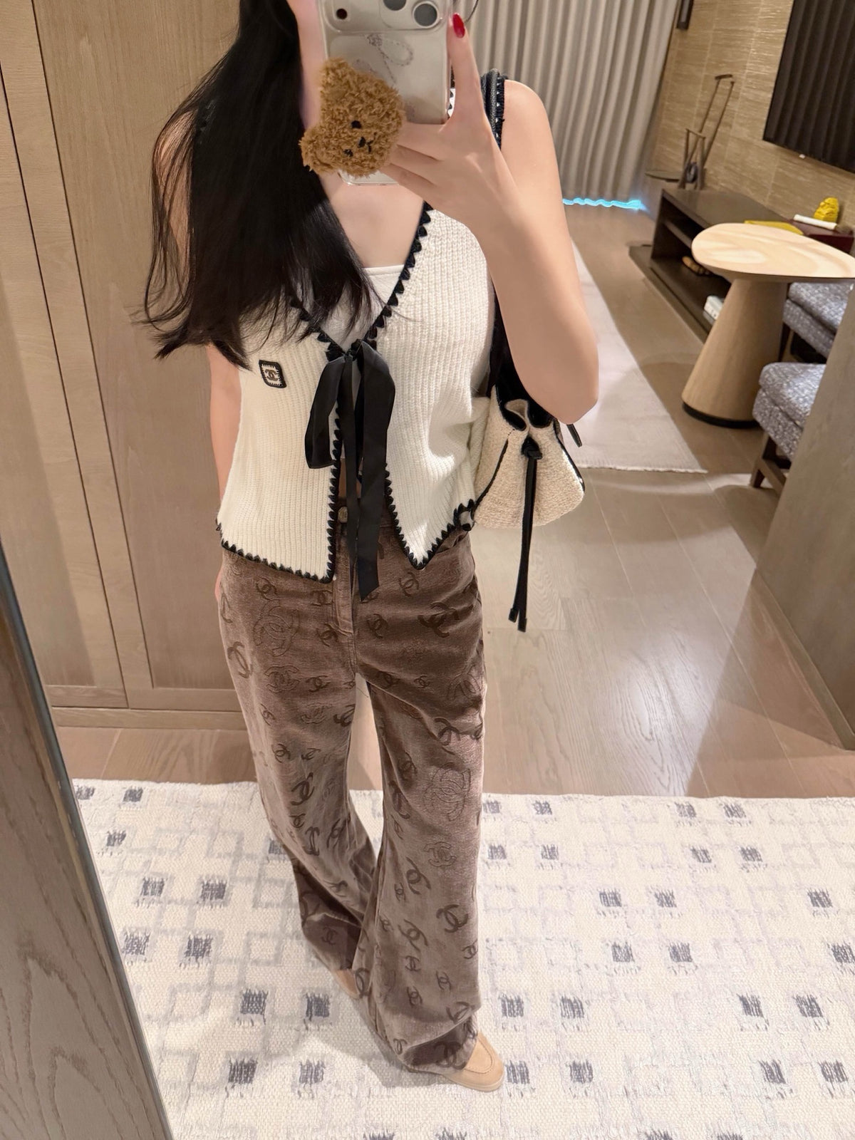Vintage Monogram Print Wide-Leg Velvet Pants