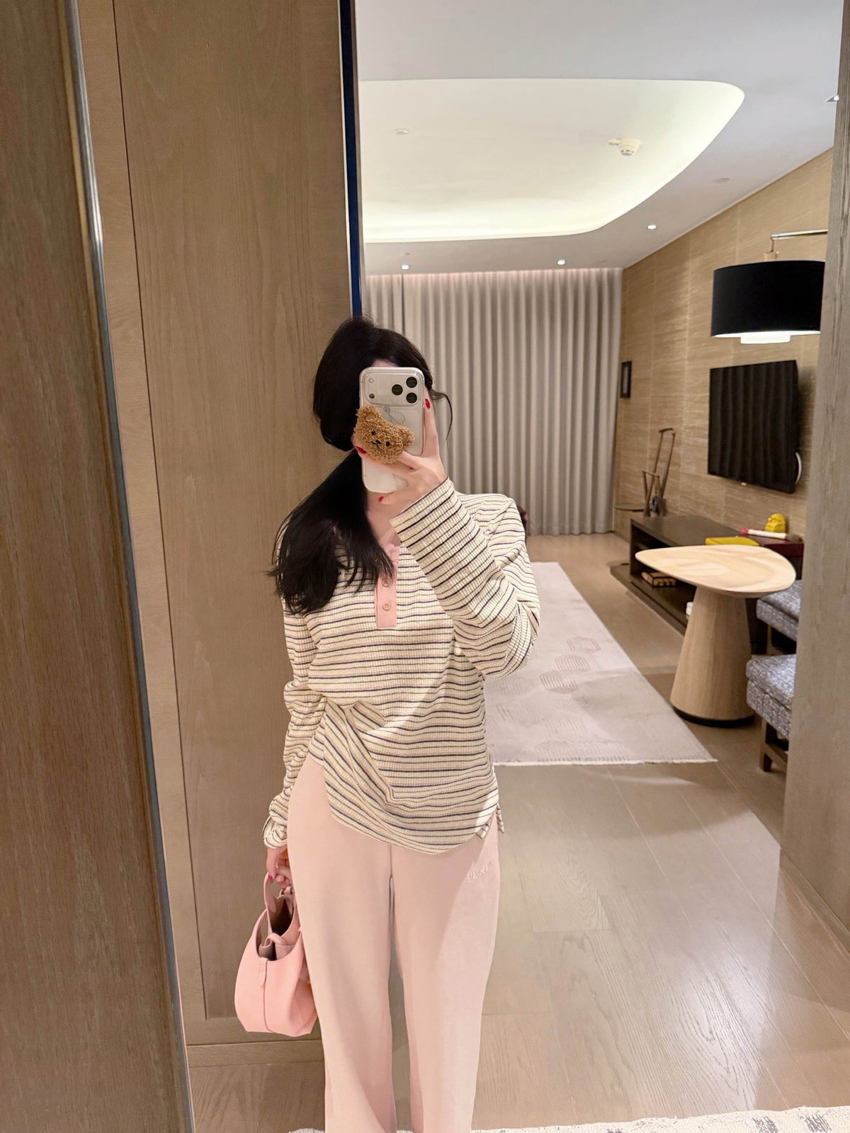 Striped Collar Ribbed Polo Blouse