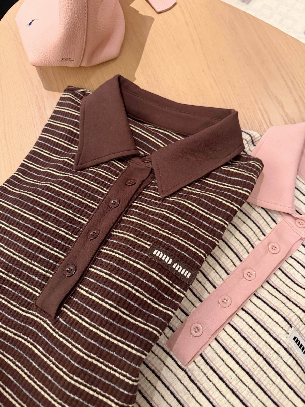 Striped Collar Ribbed Polo Blouse