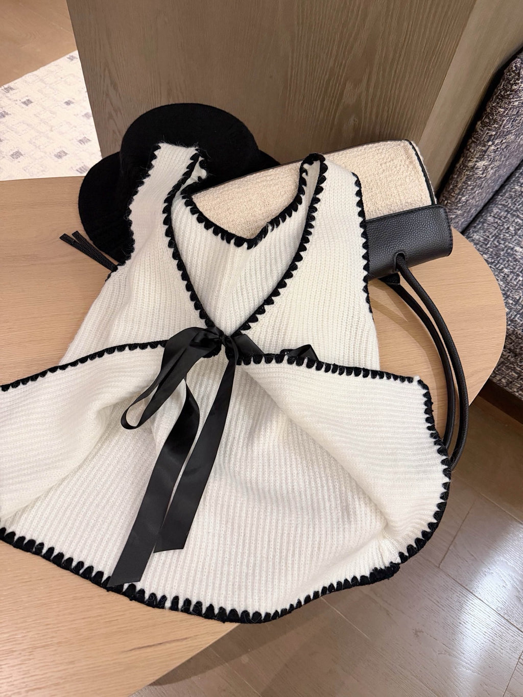 Ivory Knit Vest with Black Trim & Ribbon Tie