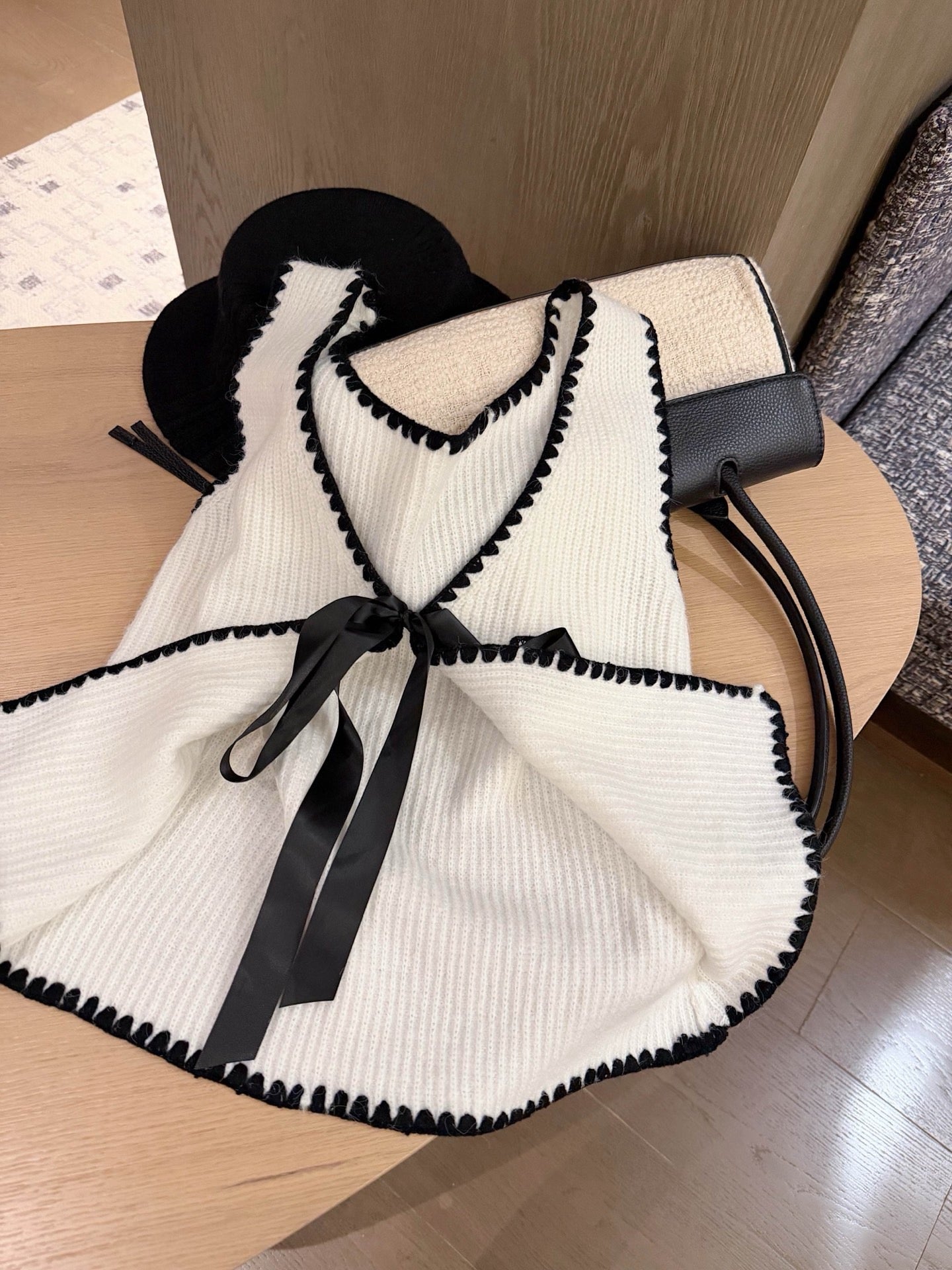 Ivory Knit Vest with Black Trim & Ribbon Tie