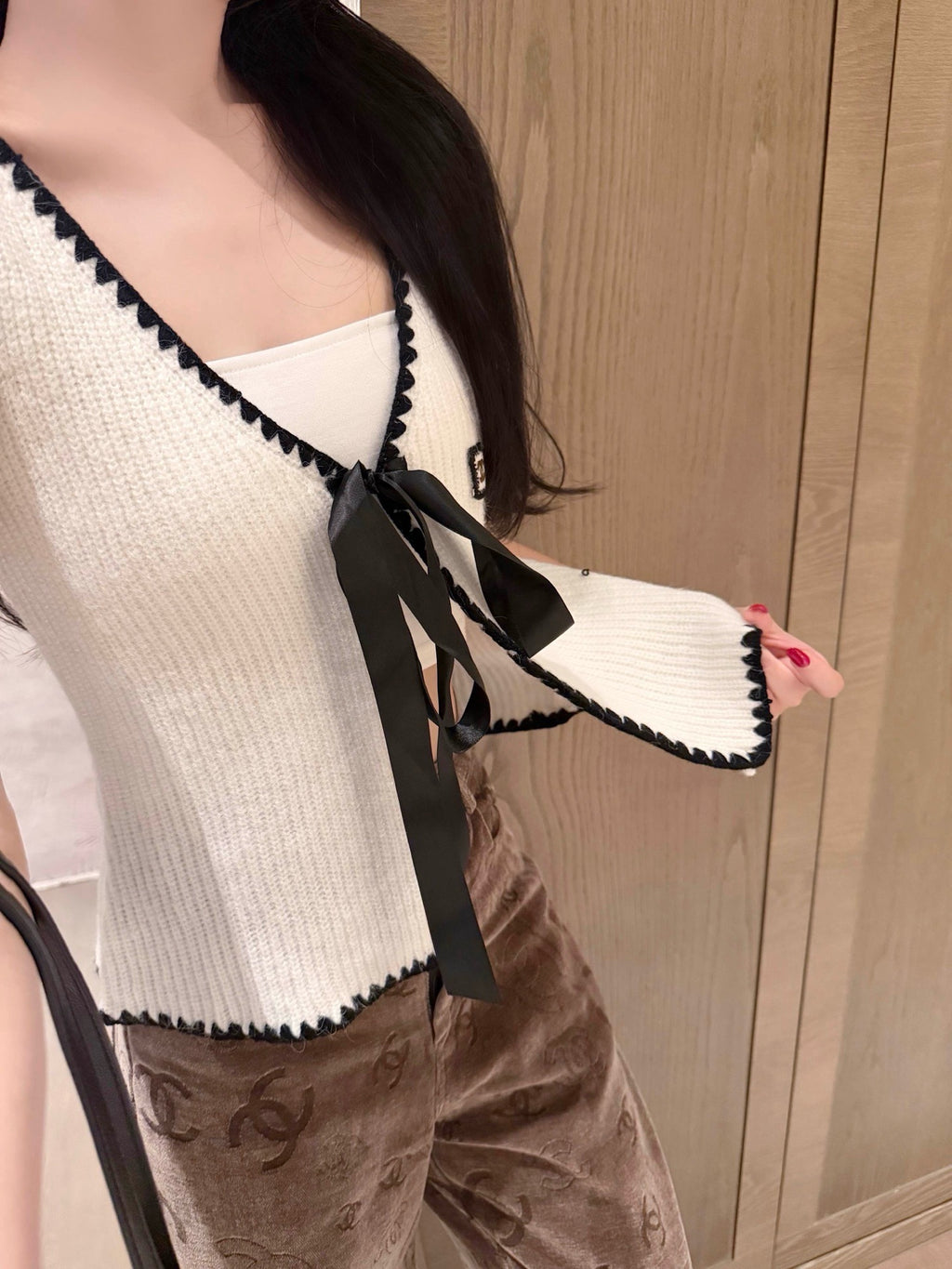 Ivory Knit Vest with Black Trim & Ribbon Tie