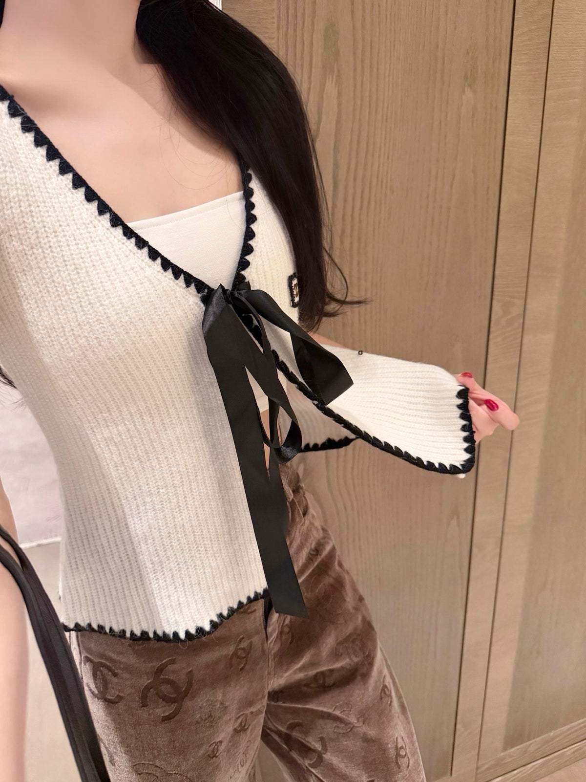 Ivory Knit Vest with Black Trim & Ribbon Tie