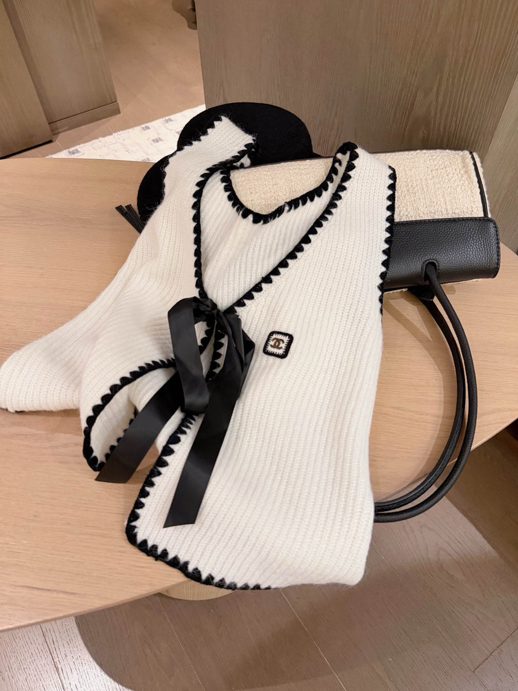 Ivory Knit Vest with Black Trim & Ribbon Tie