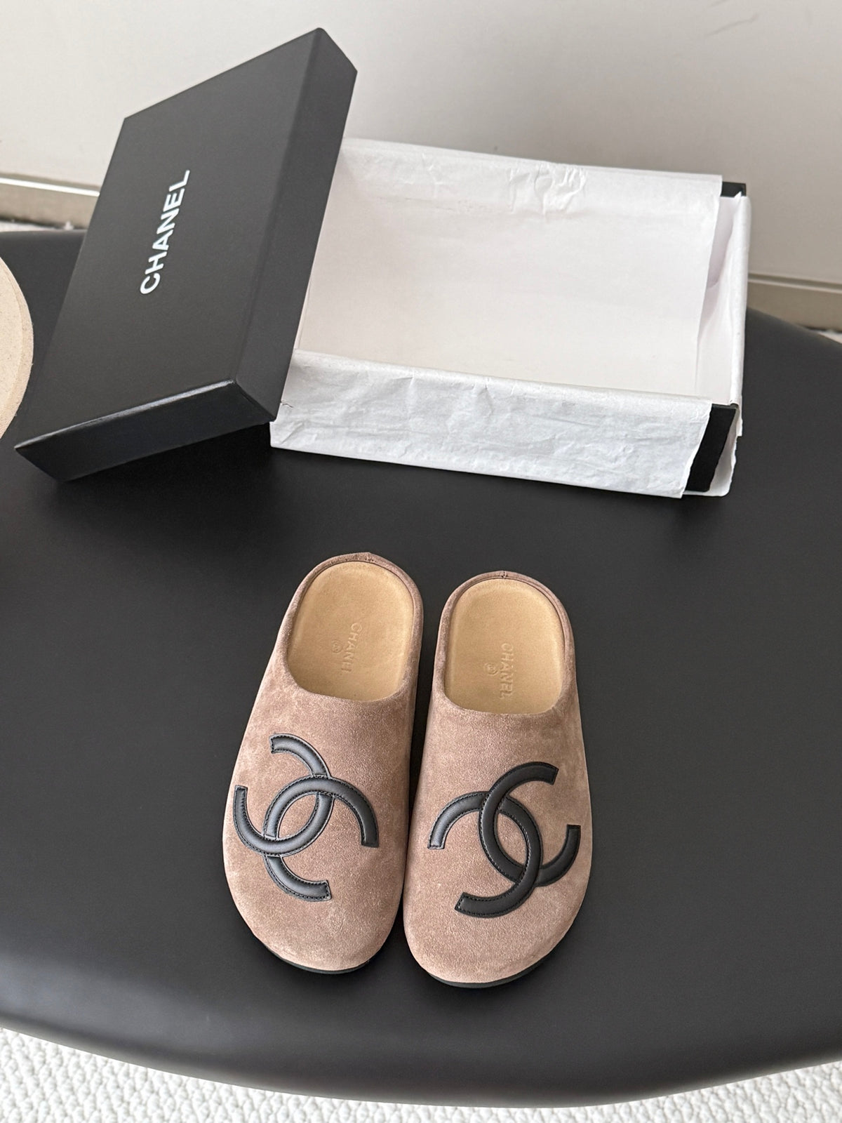 Suede Signature Slip-On Mules – Taupe