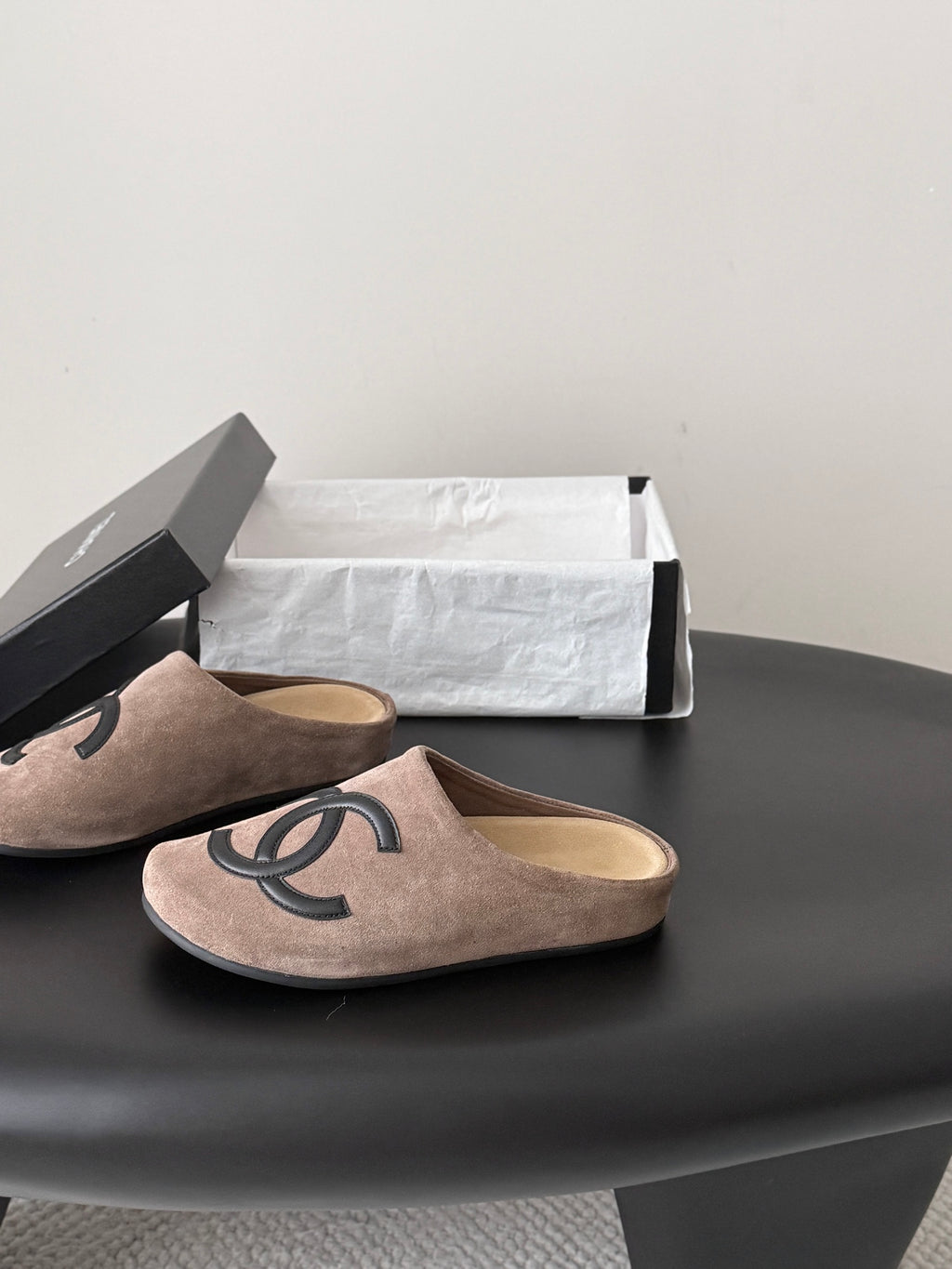 Suede Signature Slip-On Mules – Taupe
