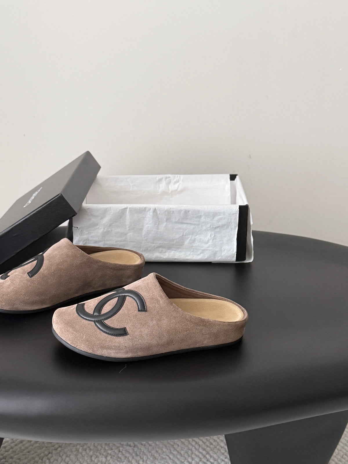 Suede Signature Slip-On Mules – Taupe