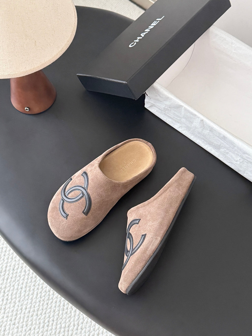 Suede Signature Slip-On Mules – Taupe