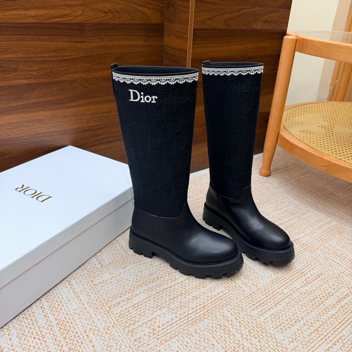 Black Calfskin, Black Oblique Embroidered Cotton and White Lace