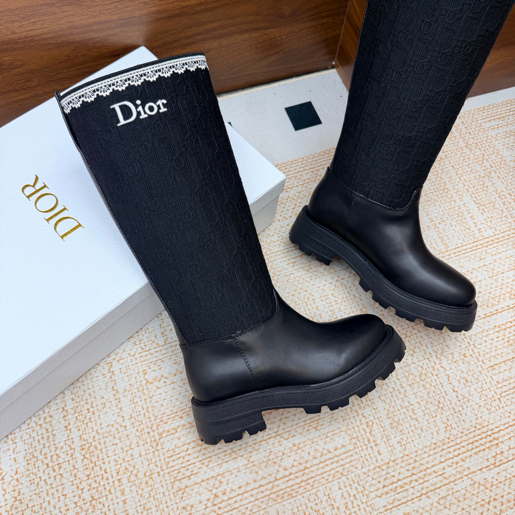 Black Calfskin, Black Oblique Embroidered Cotton and White Lace