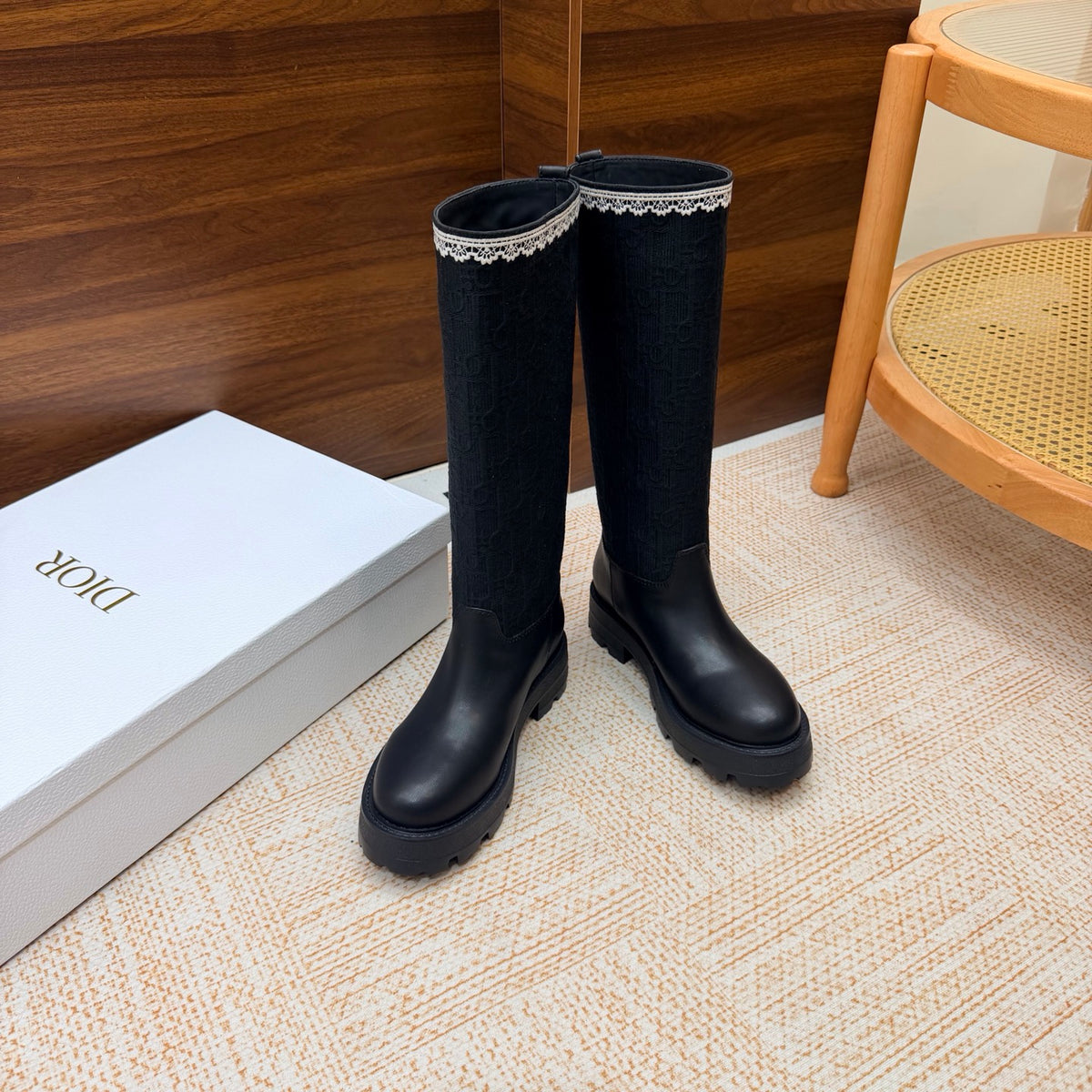 Black Calfskin, Black Oblique Embroidered Cotton and White Lace