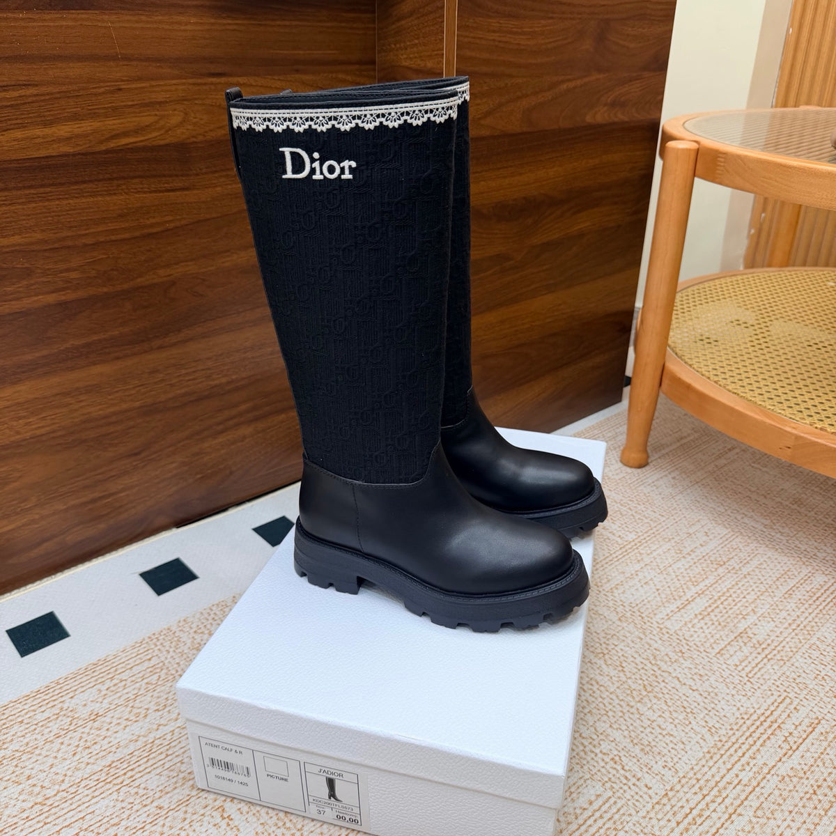 Black Calfskin, Black Oblique Embroidered Cotton and White Lace