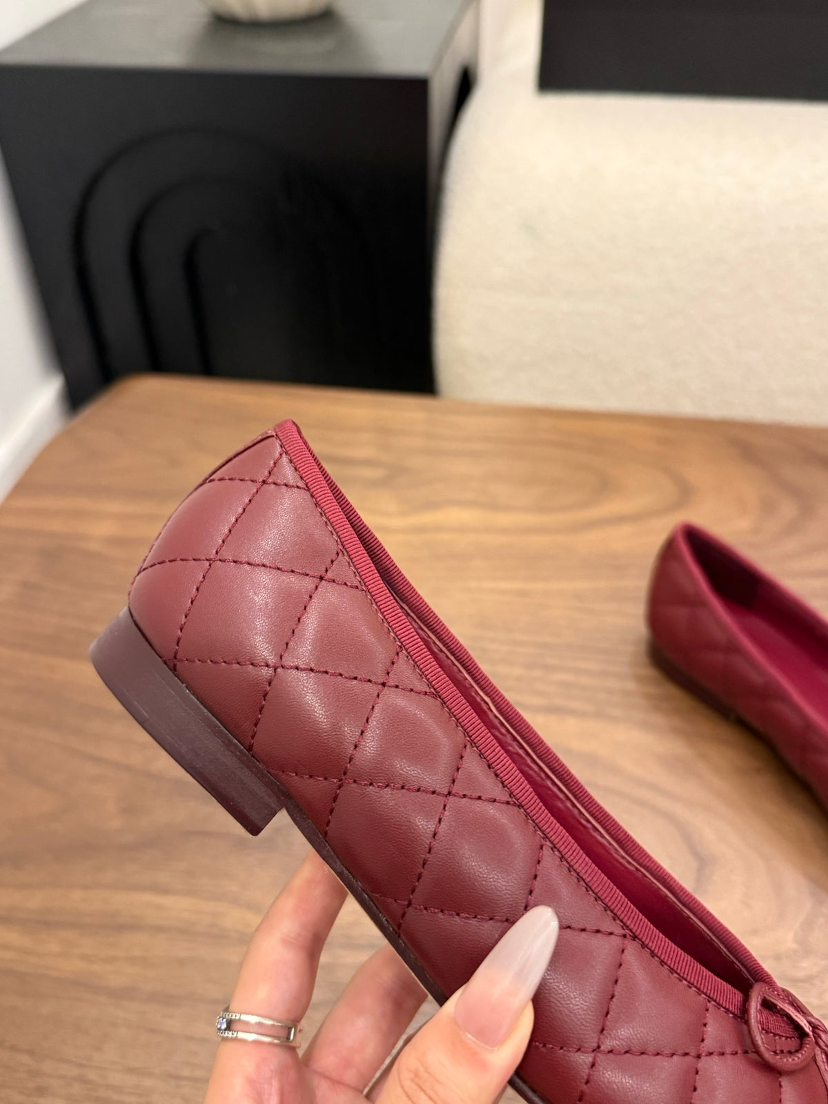Lambskin Dark Red Quilted Leather CC Bow Ballet Flats
