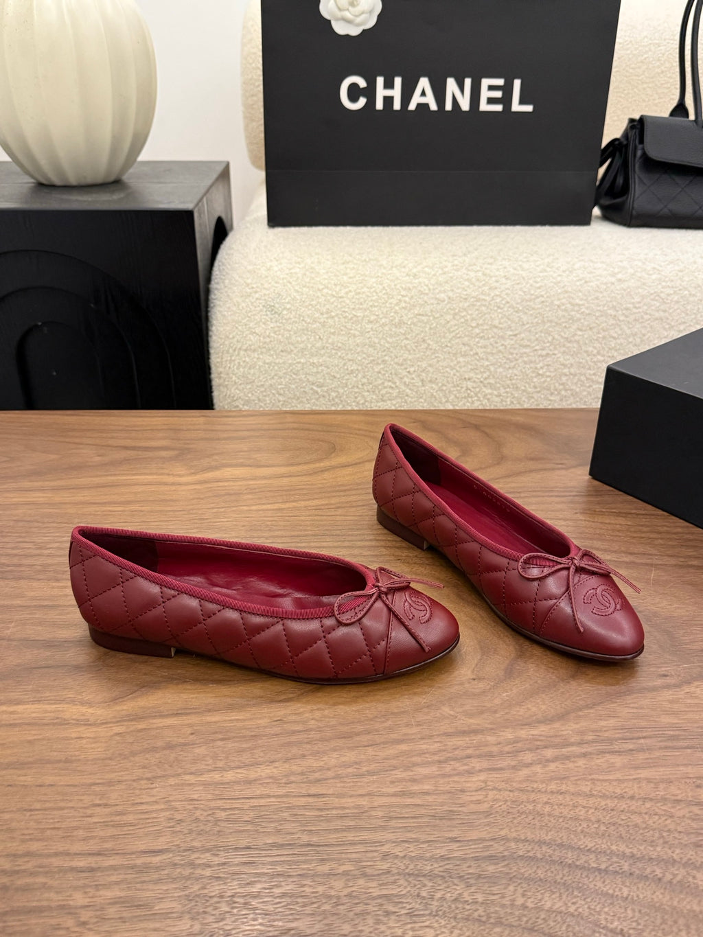 Lambskin Dark Red Quilted Leather CC Bow Ballet Flats