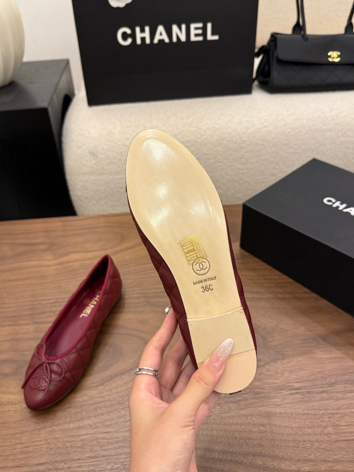 Lambskin Dark Red Quilted Leather CC Bow Ballet Flats