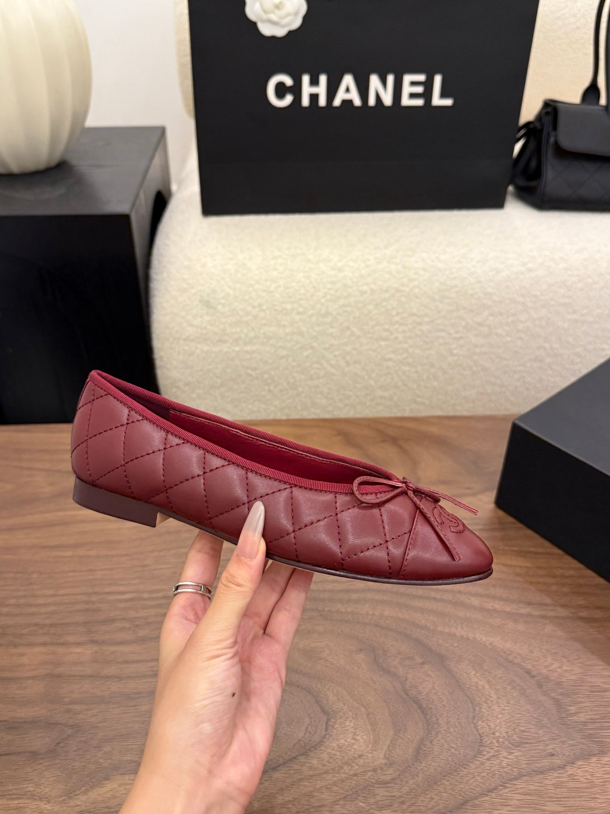 Lambskin Dark Red Quilted Leather CC Bow Ballet Flats