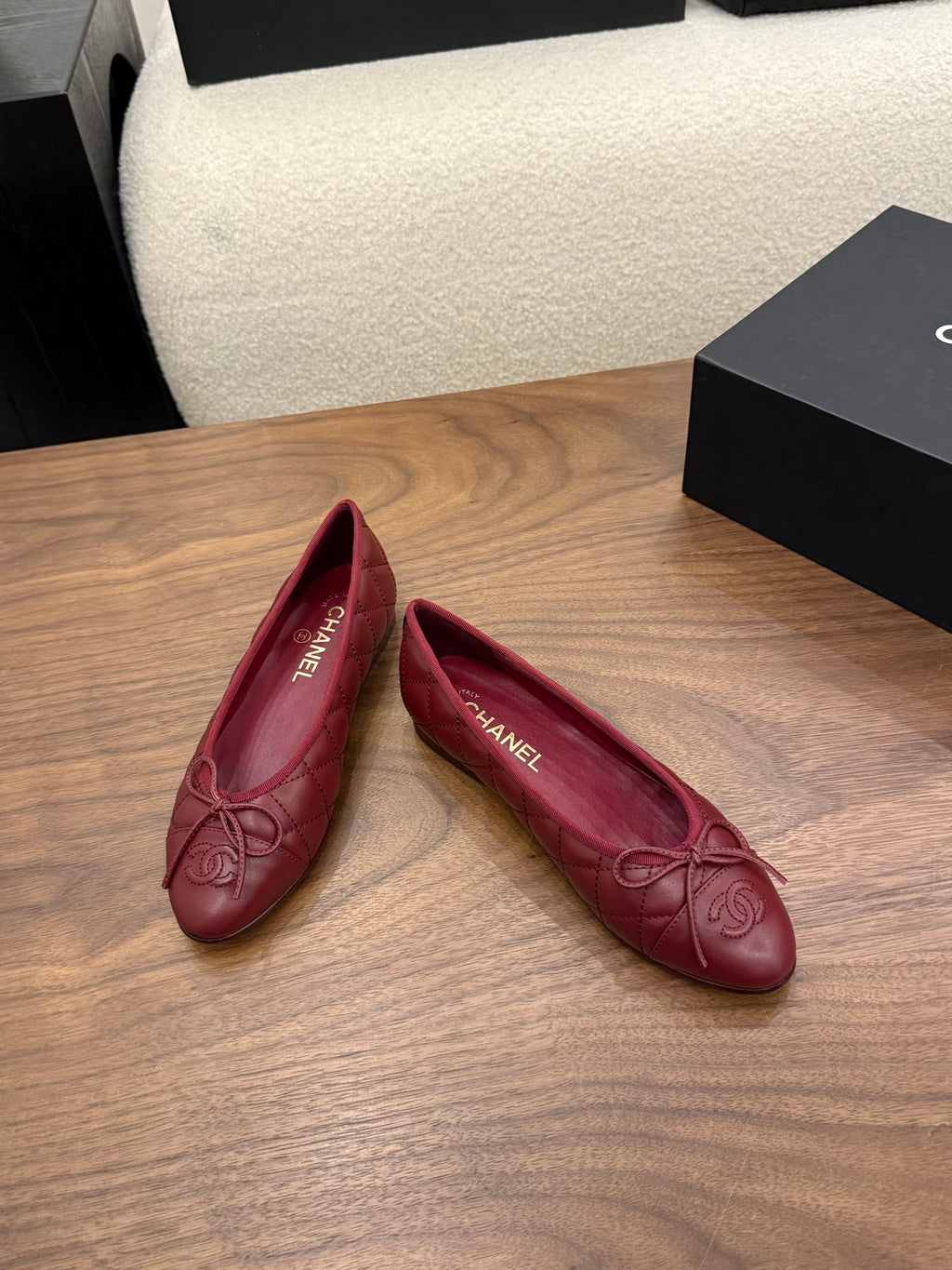 Lambskin Dark Red Quilted Leather CC Bow Ballet Flats
