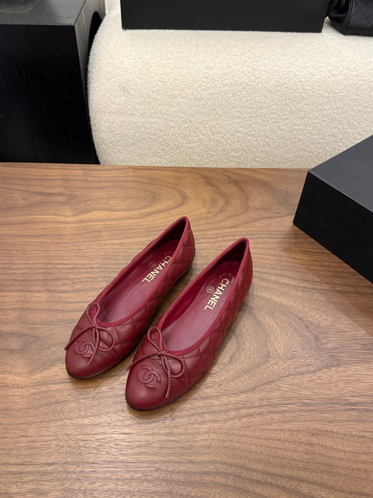 Lambskin Dark Red Quilted Leather CC Bow Ballet Flats