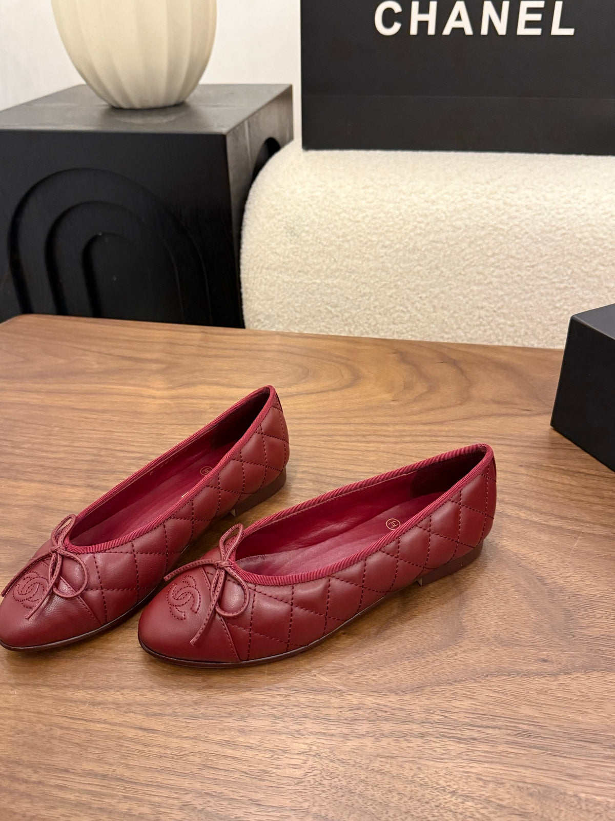 Lambskin Dark Red Quilted Leather CC Bow Ballet Flats