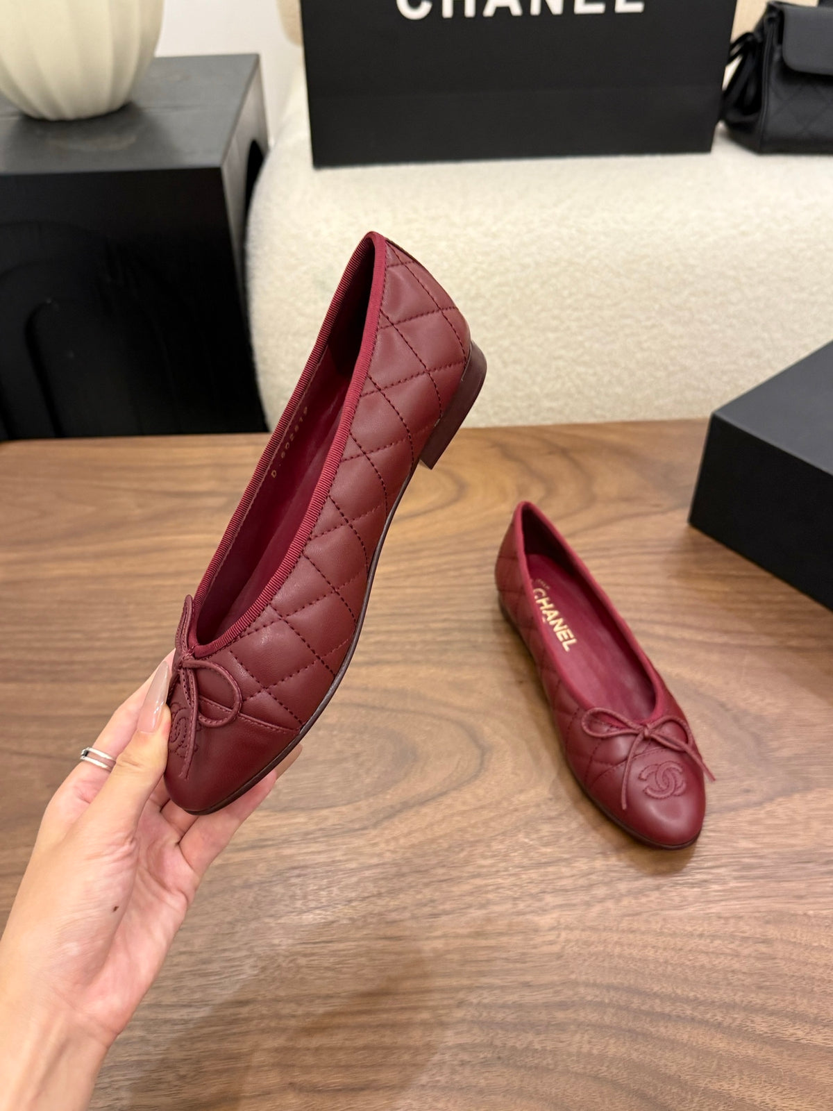 Lambskin Dark Red Quilted Leather CC Bow Ballet Flats