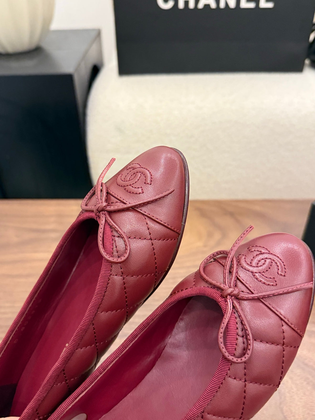 Lambskin Dark Red Quilted Leather CC Bow Ballet Flats